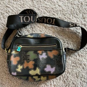 TOUS black and gold multi color bear canvas monogram crossbody camera bag